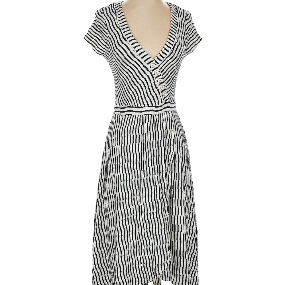 Anthropologie Black And White Wrap Midi Dress With Flutter Sleeves